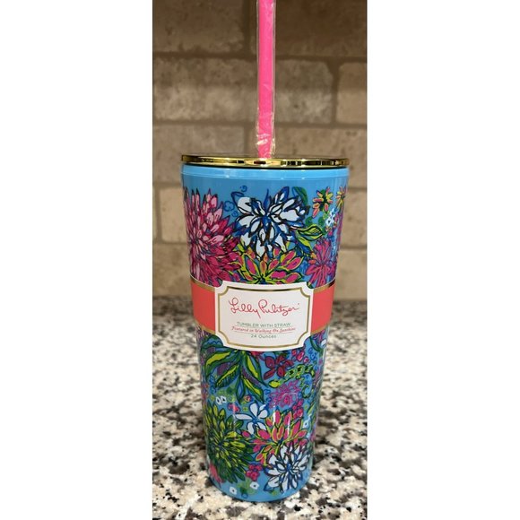 LILLY PULITZER Double Wall TUMBLER with straw 24oz WALKING ON‎ SUNSHINE - Picture 1 of 2